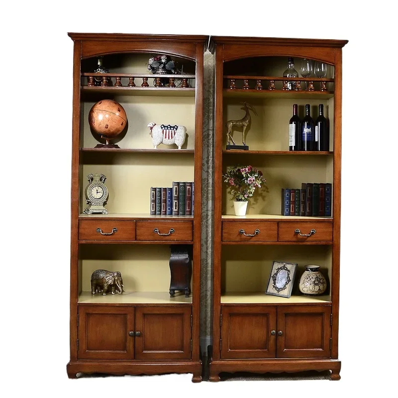 Rural solid wood bookcase bookshelf, study retro documents, figure home display side cabinet, storage high cabinet