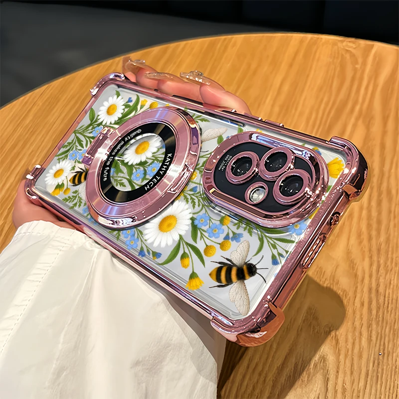 Cute Bee Daisy Floral Pattern Case For Tecno Spark 10 Pro 20C 50 GO 1 2 3 Slim Pop 8 9 Four Corners Anti Drop Plating Cover Etui