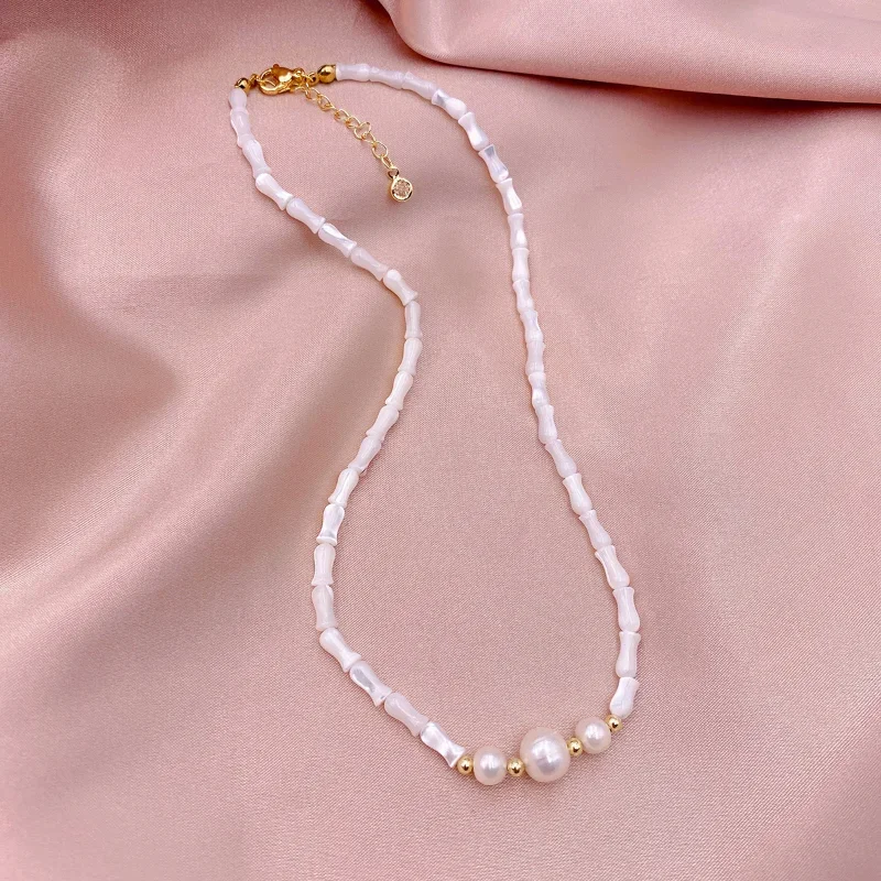 Minar Handmade White Color Shell Bamboo Chain Necklace for Women Trendy Round Freshwater Pearl Choker Necklaces Birthday Gift