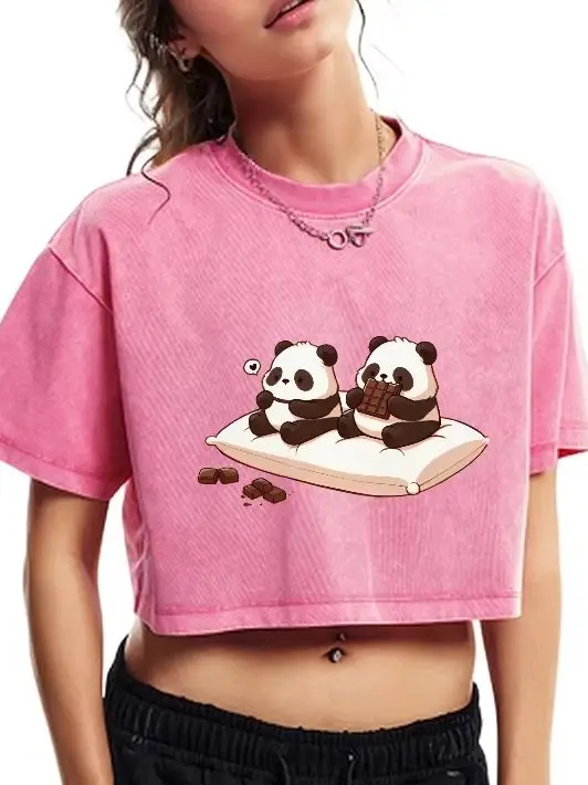 

Short T-shirt Anime Cute Little Panda Summer 2025 Graphic Tee Women | Y2K Hand-Painted Korean Style T-shirt | Fashion Top
