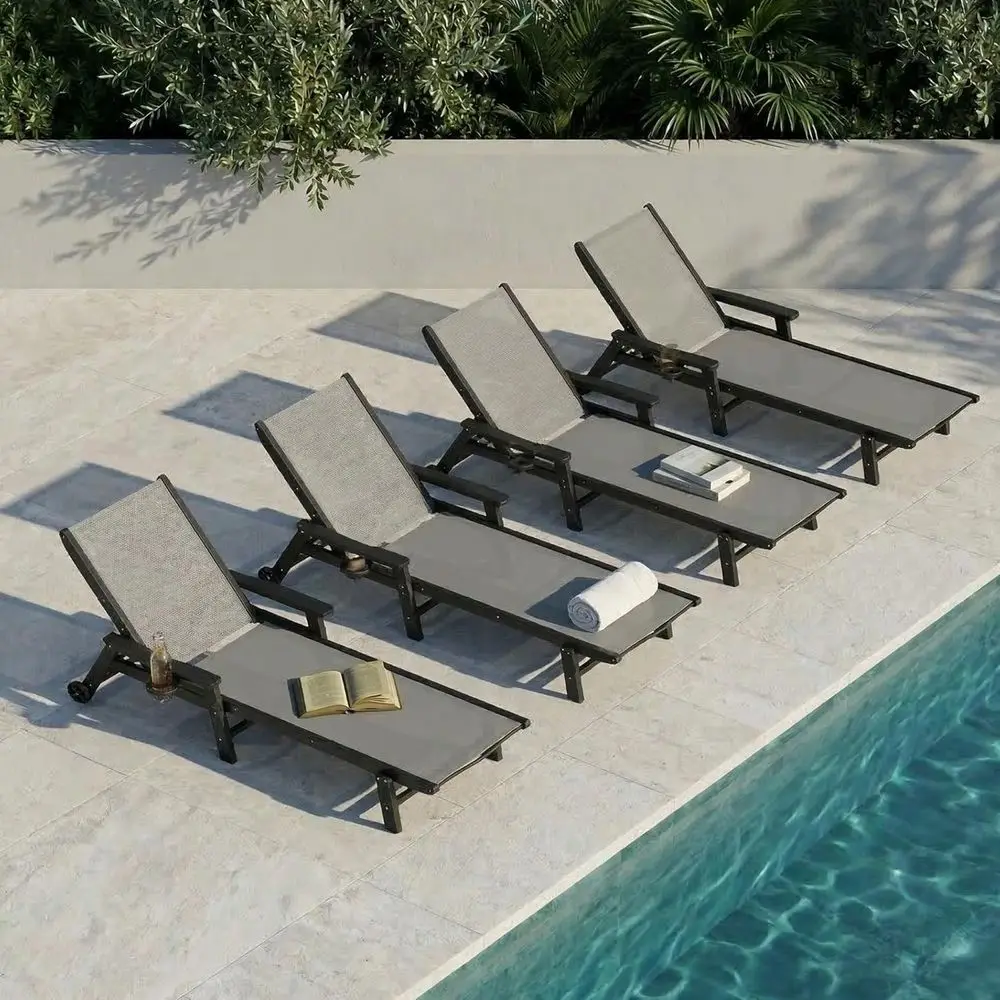 

5-Piece Grey Textilene Outdoor Chaise Lounge Set with Wheels for Pool, Patio, or Beach