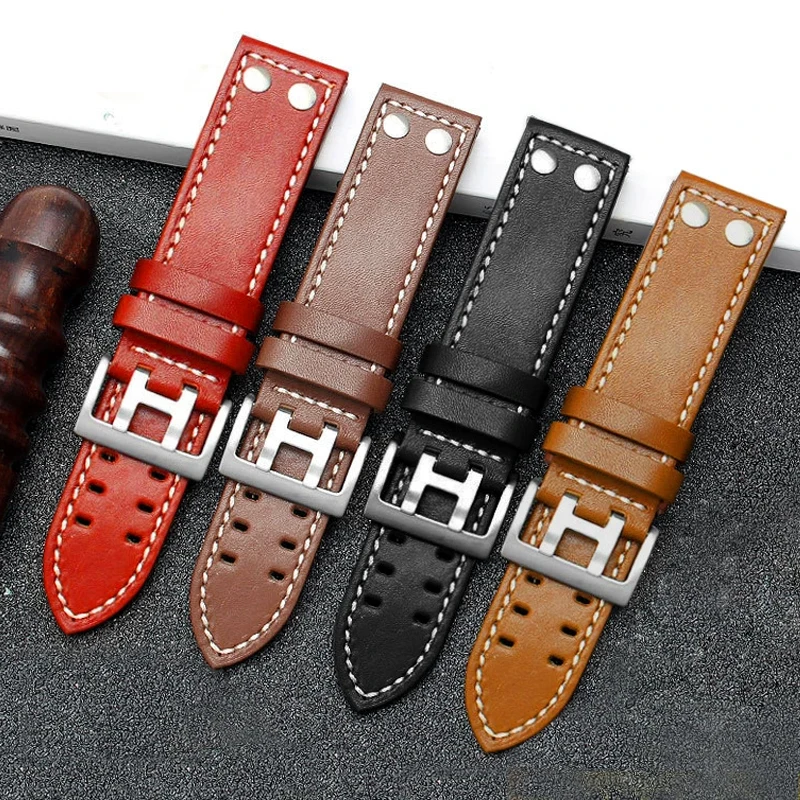 20mm 22mm Double Row Hole Leather Strap for Hamilton Seiko Watchband Rivet Men Military Pilot Khaki Field Aviation Watch Strap