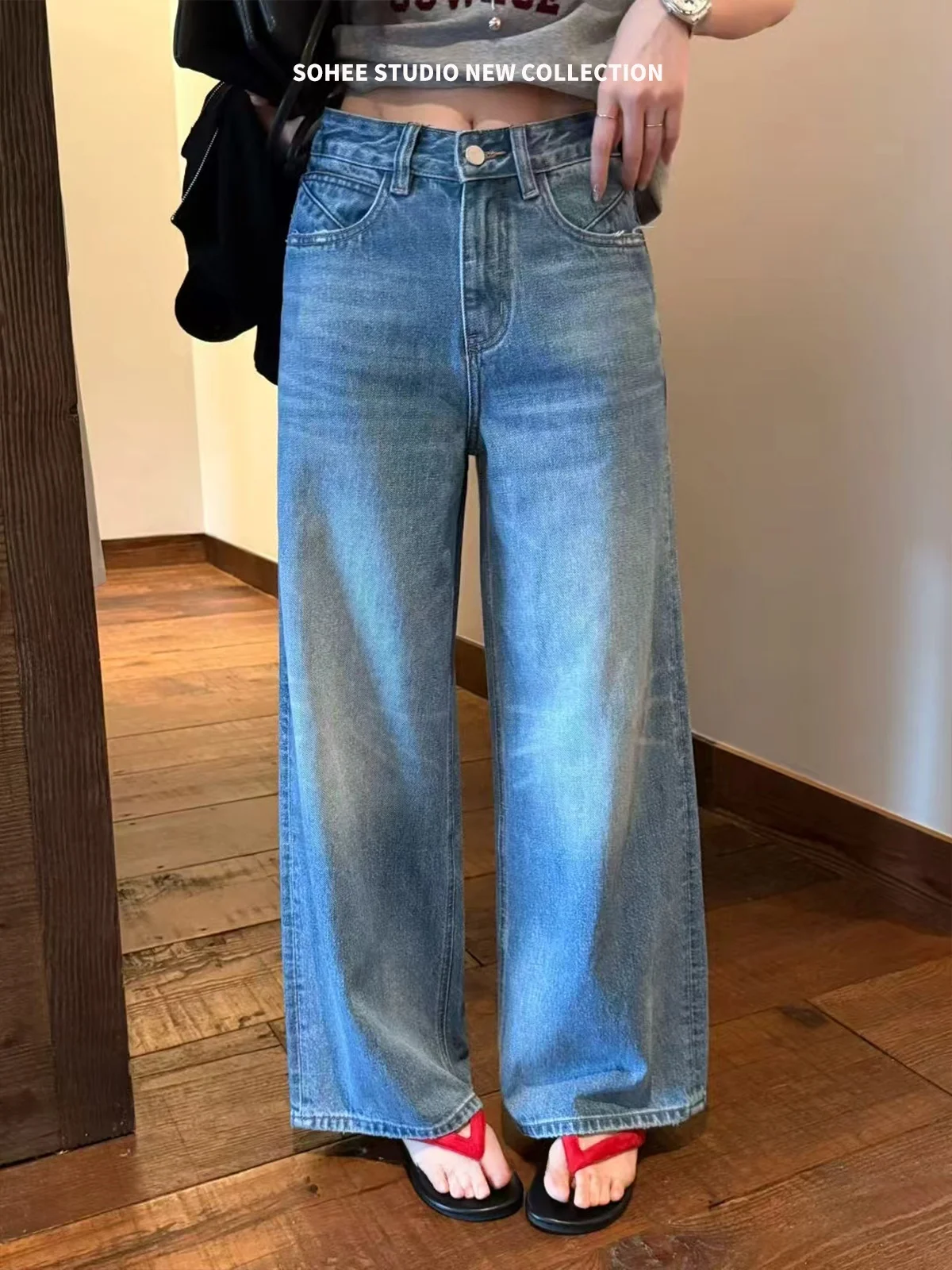 

Джинсы с высокой талией и широкими штанинами, женские повседневные удобные свободные джинсы прямого кроя, универсальные джинсовые брюки в стиле ретро, весенняя мода