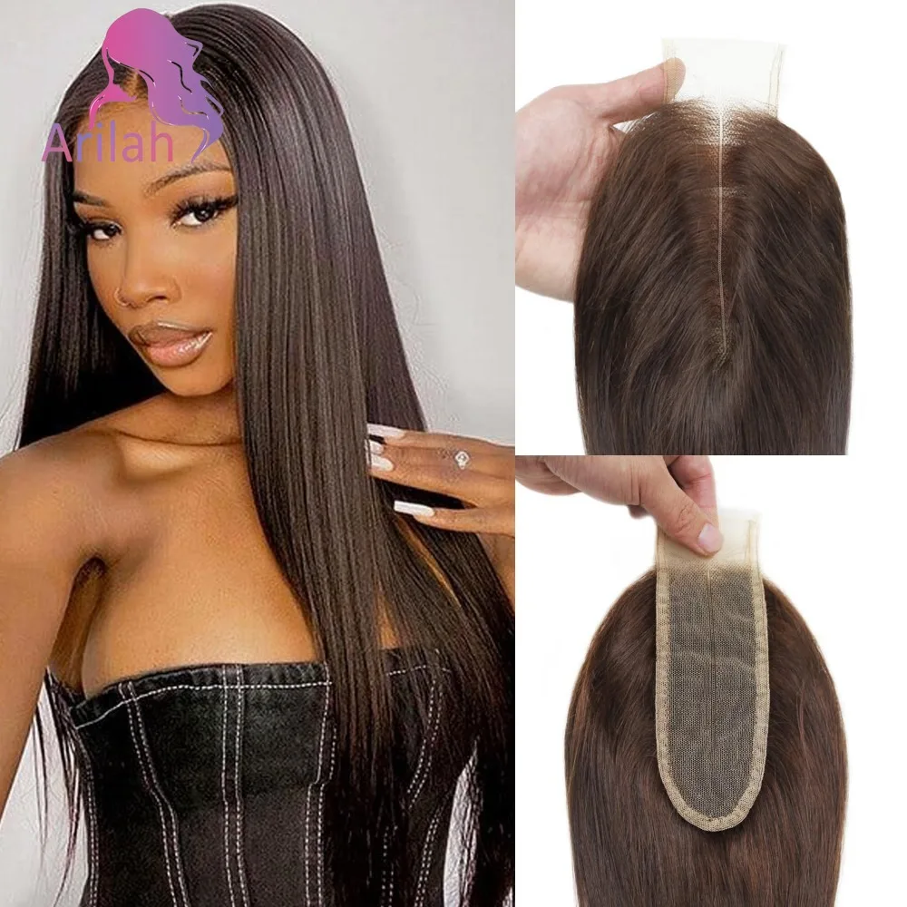 Цвет 2, темно-коричневые прямые 2x6, человеческие волосы, кружевная застежка, длинный глубокий пробор, бразильские девственные волосы, 10-22 дюйма, плотность 150%, полный конец