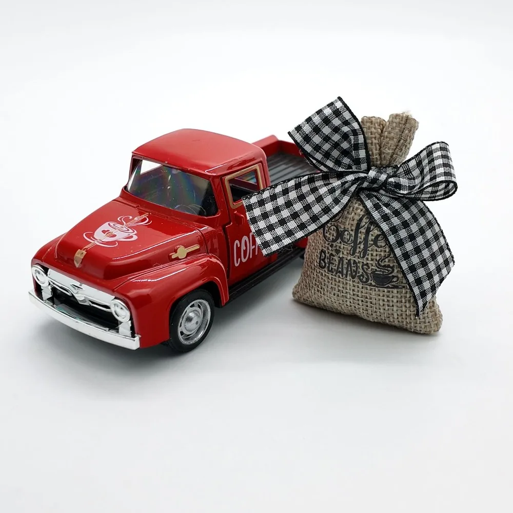 

Diecast Coffee Truck Pickup Retro Classic Model Toys Metal Truck Model Burlap Sack Simulation Mini Coffee Truck Kitchen Decor