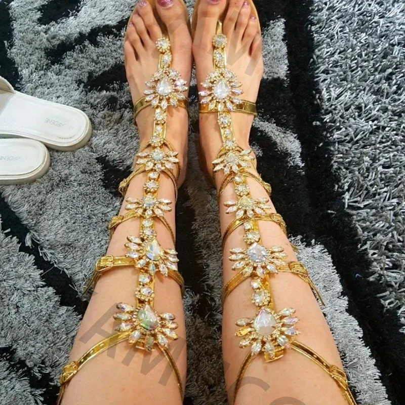 2024 Roman Rhinestone New Women Summer New Jelly Sandals Bling Knee High Sandals Ladies Outdoor Beach Sandals Flat Shoes