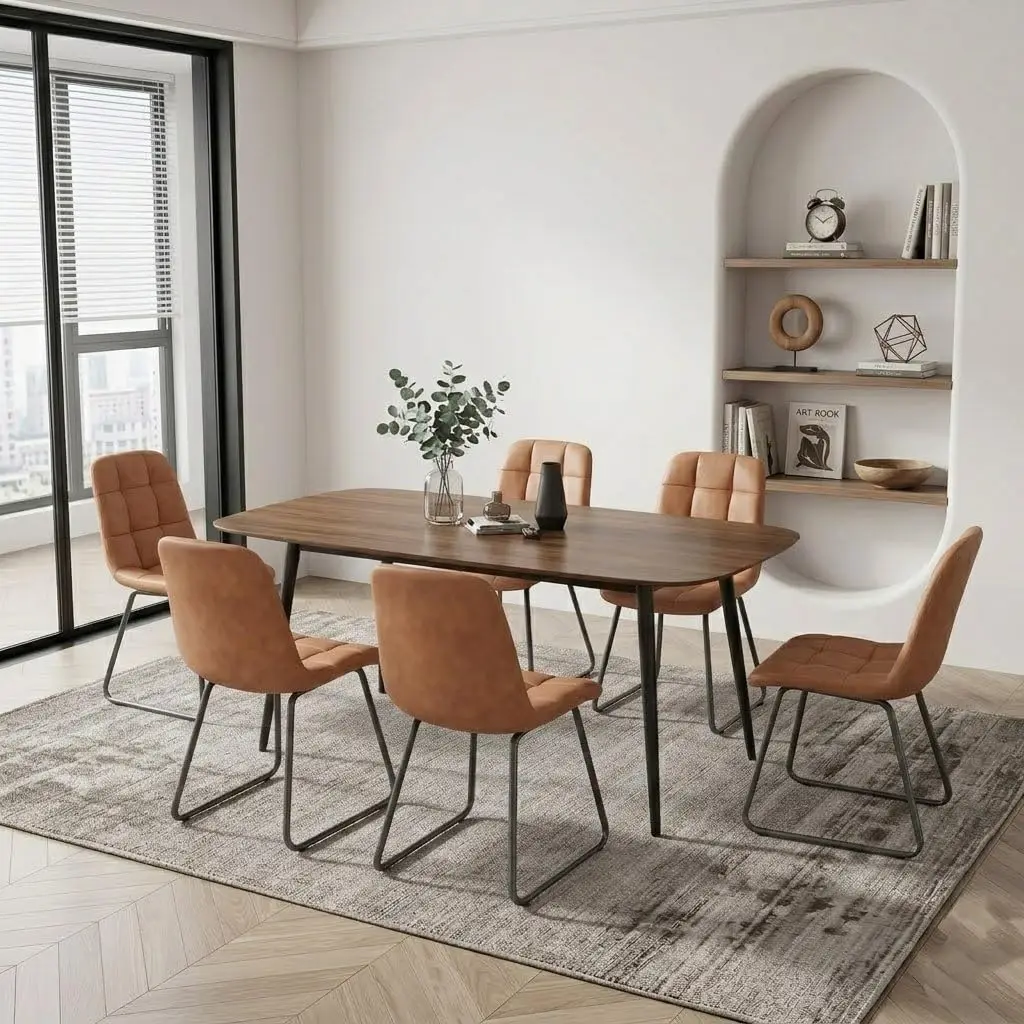 55 Inch Wood Dining Table Set 6 Black Leather Chairs Kitchen Dining Room Furniture Gray 6 Seater Set, Customized
