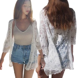 Women Lace Open Front Kimono Cardigan Crochet Floral Sheer Mesh Beach Cover Up