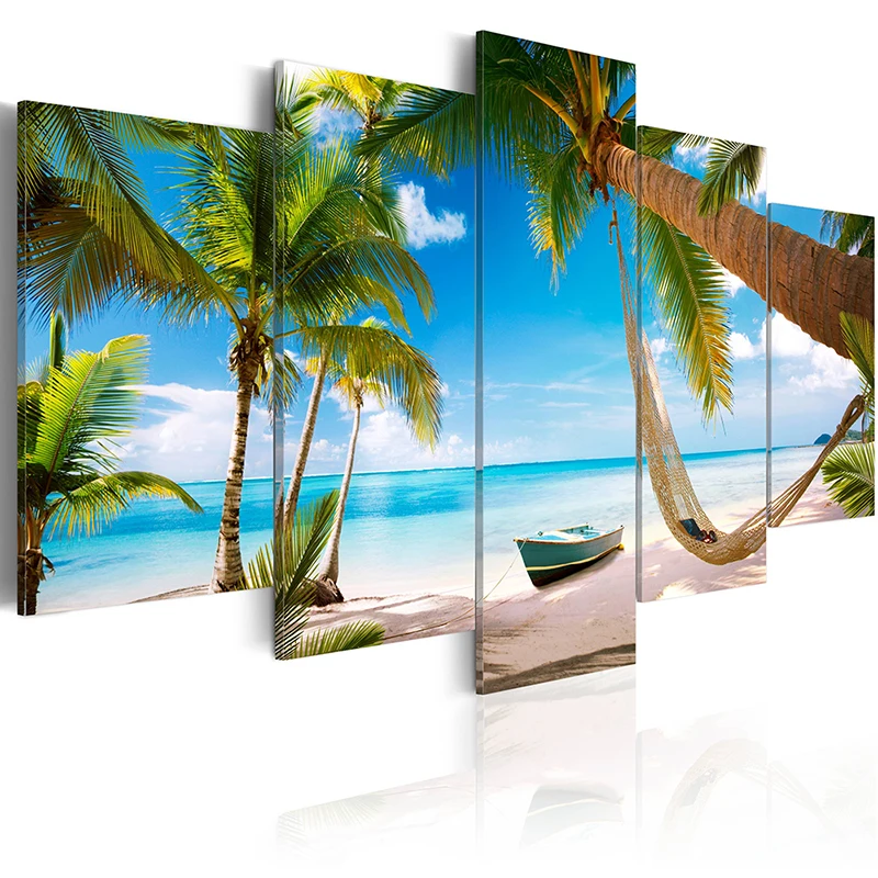 5 Panels Landscape Posters Prints Beach Plam Tree Canvas Paintings Pictures Wall Art for Living Room Modern Home Decor No Frame