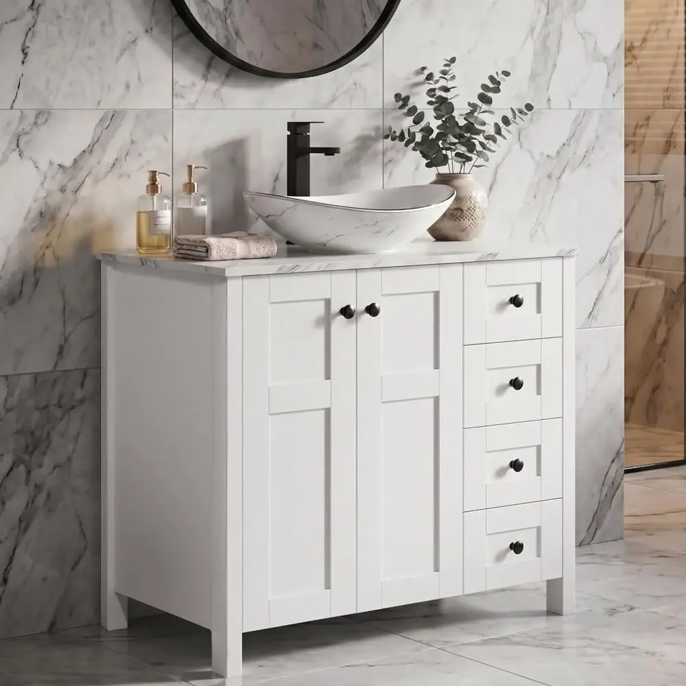 

32 Inches White Bathroom Vanity with Marble Texture Top and 4 Ders, with Marble Boat Ceic Sink