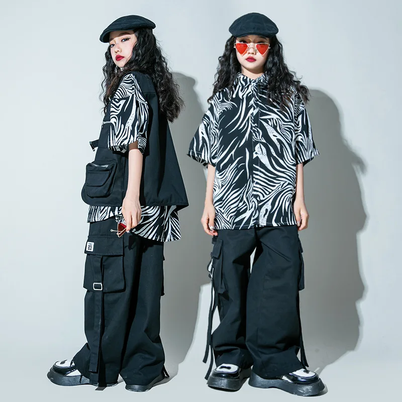 Vêtements Hip Hop d'été pour garçons et filles, costume de danse de rue, chemise émaillée noire pour enfants, tenue de jazz, vêtements de scène interdisant la performance