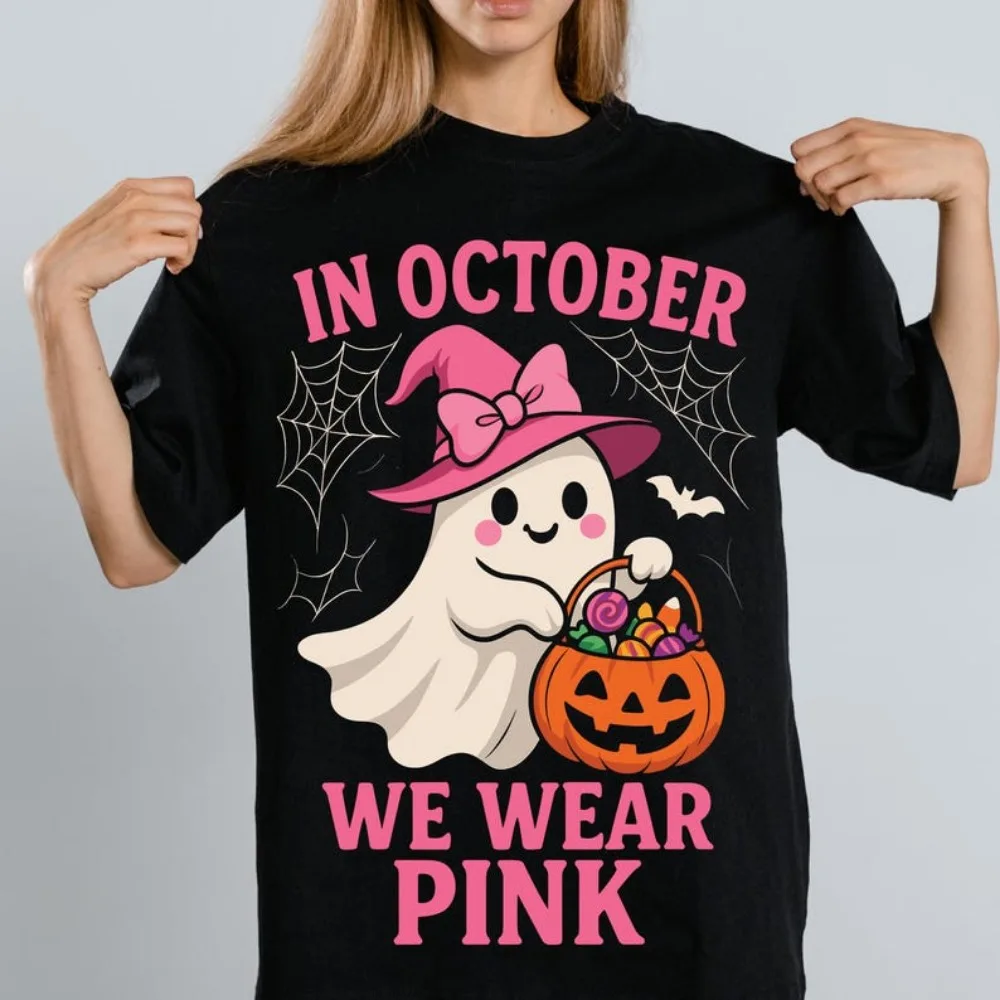 In October We Wear Pink Tshirt Cute Ghost Halloween Sublimation Shirt Breast Cancer Awareness Spooky Tee Women Daily Life Tops
