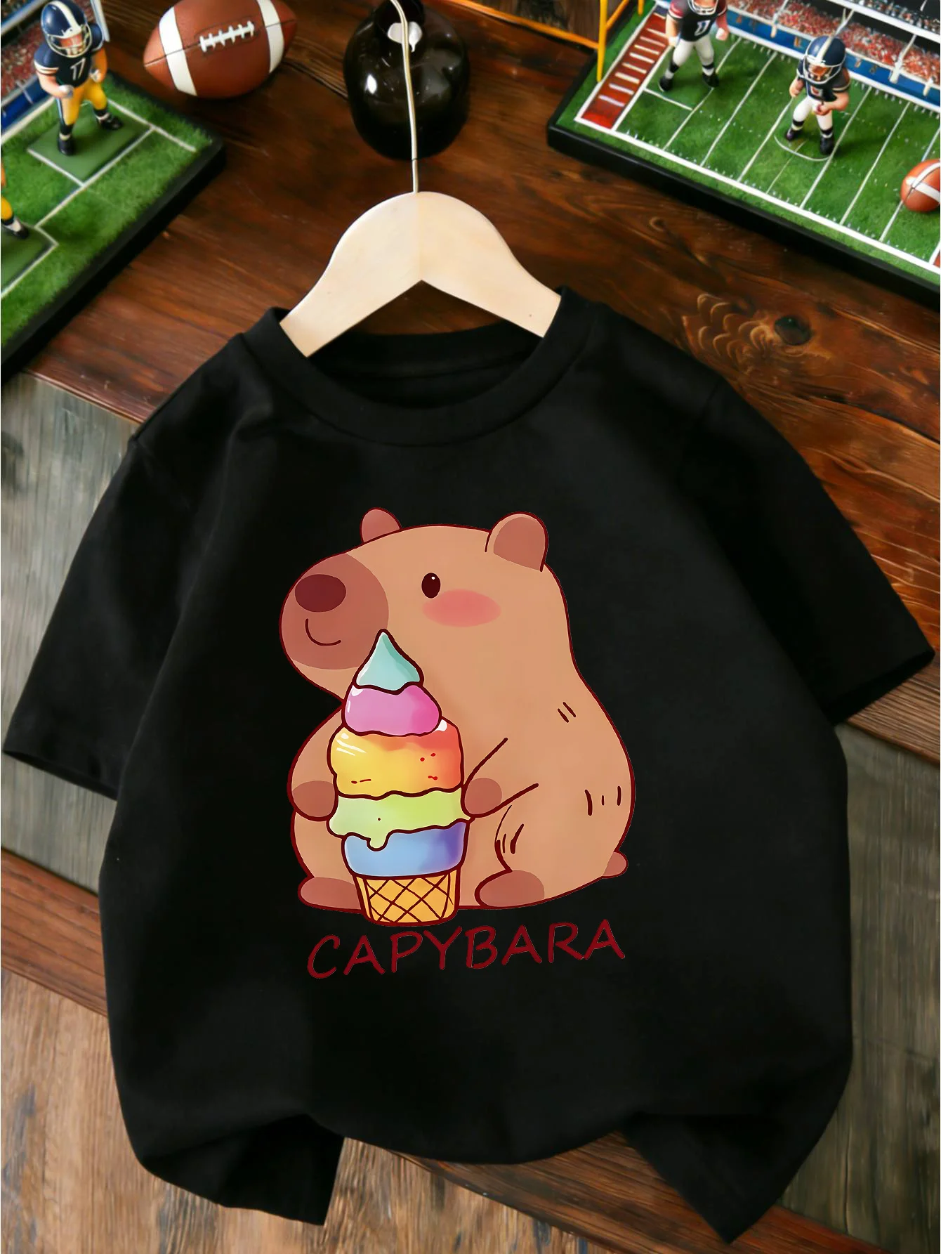 Cute Capybara Holding Rainbow Ice Cream Print T Shirt Boys Girls Lovely Short Sleeve Tee Family Matching Soft Cotton Kids Tops
