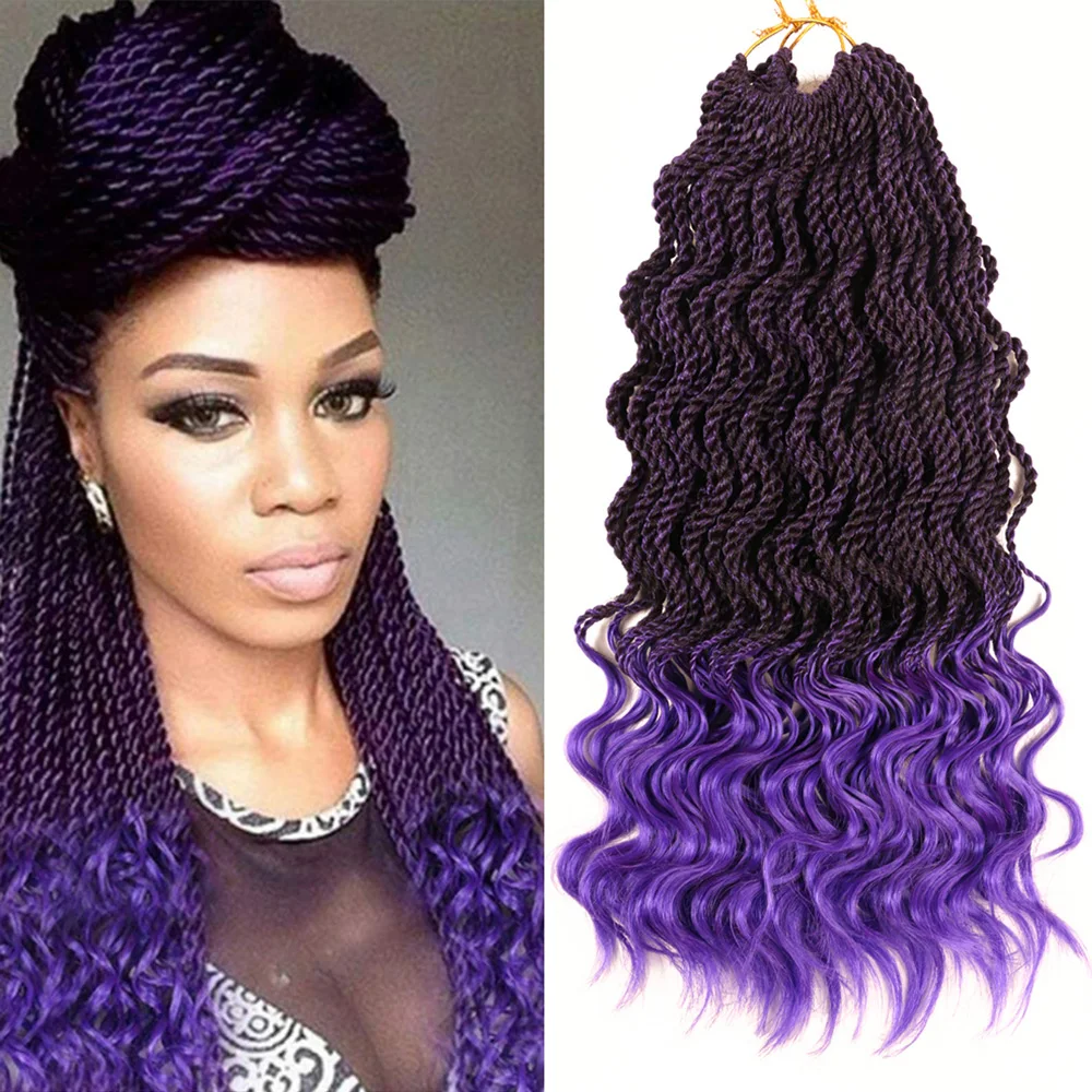 14-дюймовые сенегальские вязанные крючком волосы с вьющимися концами, фиолетовые омбре, предварительно закрученные косички в виде богини, вязанные крючком волосы для чернокожих женщин