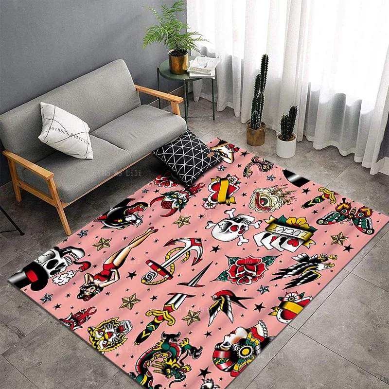 Old School Tattoo Sugar Skull Loves Me Flower Butterflies Roosters Retro Flannel Carpet By Ho Me Lili For Home Floor Decor Rug