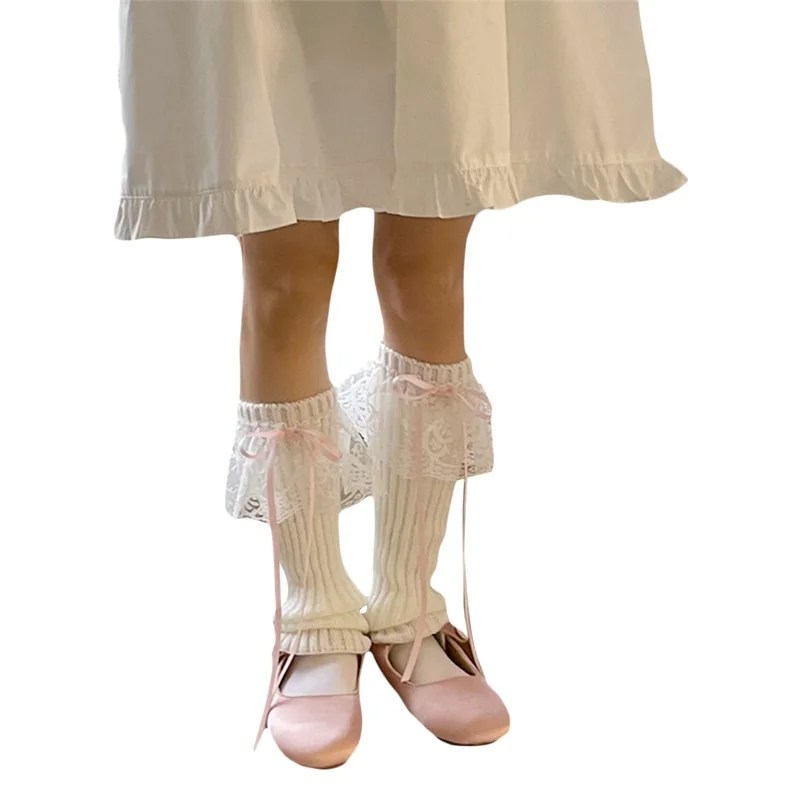 

Women Sweet Lolita Leg Warmers Knit Ribbed Below Knee Leg Warmers Lace Bow Socks Leg Cuffs Bow Boot Socks Kawaii Legwear