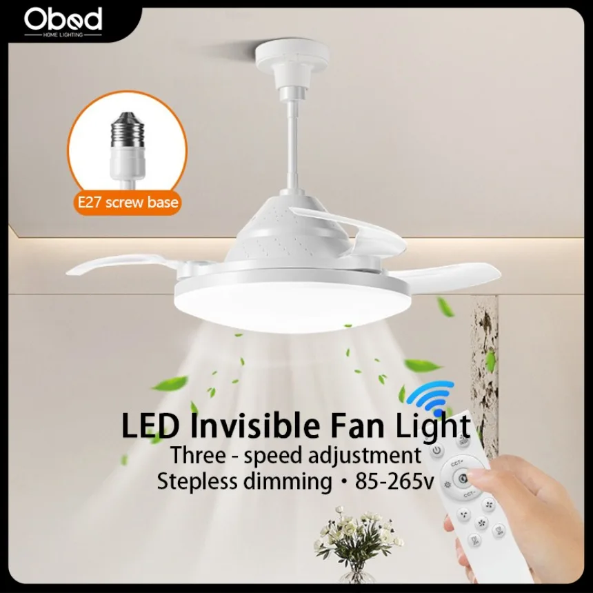 

New E27 Ceiling Fan Light Remote Control Invisible Retractable Blades Ceiling Socket Silent Fan Bedroom Living Room Lighting
