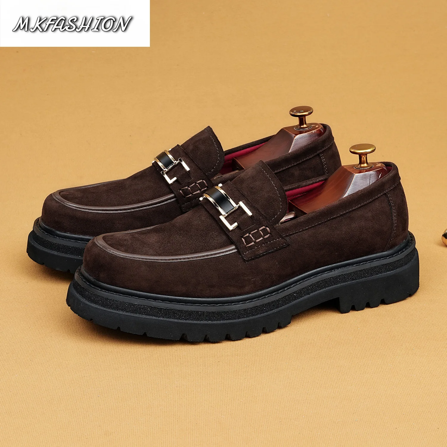 Men's Genuine Leather Thick Soled Round Toe Slip On Flats Male Footwear Casual Dress Shoes