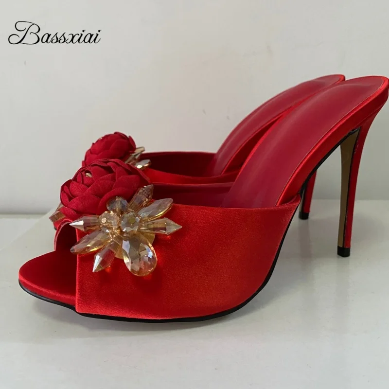 

Crystal Beads Flower Decor Sandals Women 10cm Stiletto Heel Slingbacks Luxury Satin Summer Mules For Girls