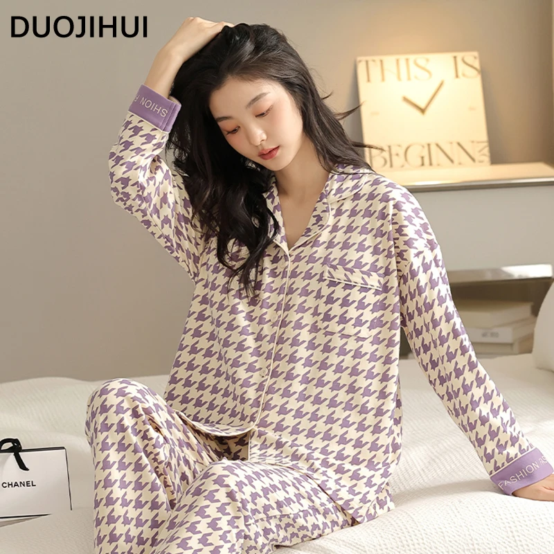 DUOJIHUI Two Piece Fashion Printing Casual Pajamas for Women Autumn with Chest Pad Cardigan Simple Pant Loose Female Pajamas Set