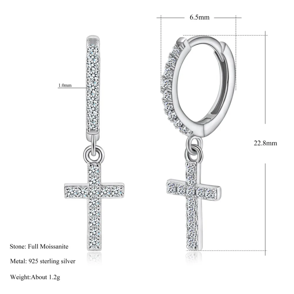 M-JAJA Full Moissanite Boucles d'oreilles pour hommes/femmes Croix Dstress925 Sterling Silver Hoop Boucles d'oreilles D document VVl's Hip Hop Couple Bijoux