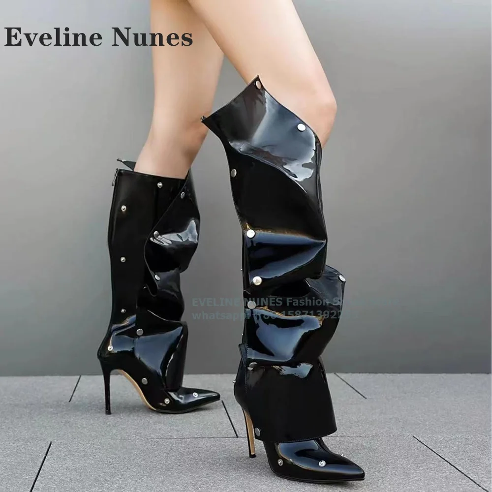 2024 Metal Rivet Cowboy Splicing Modern Boots Pointed Toe High Heel Cowboy Two Wear Stacked Knee High Boots Large Size Autumn