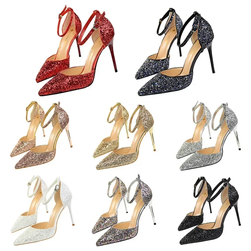 Women Glitter Sequin Fetish Ankle Strap 9.5cm High Heels Sandals Lady Party Luxury Gold Red Stiletto Wedding Bridal Dress Pumps