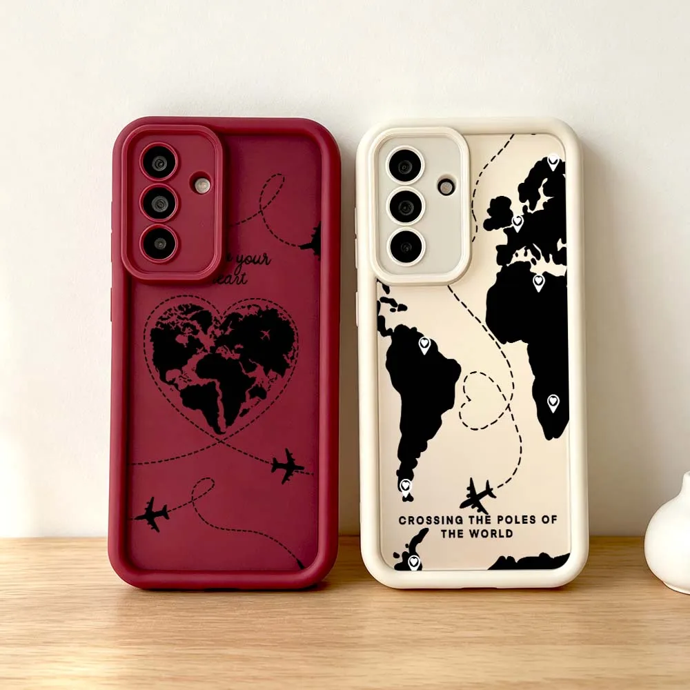 Cartoon Heart World Map For Samsung Galaxy A73 A72 A71 A56 A55 A35 A25 A54 A53 A52 A51 A32 Eye Ladder Phone Case Gift