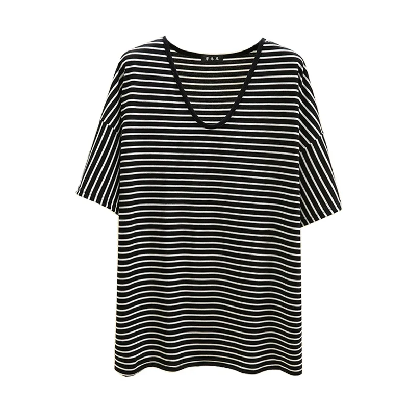 مشروط تي شيرت مخطط المرأة الصيف فضفاض الخامس الرقبة قصيرة الأكمام كبيرة الحجم الأساسية قميص عادية مريحة تنوعا تي شيرت