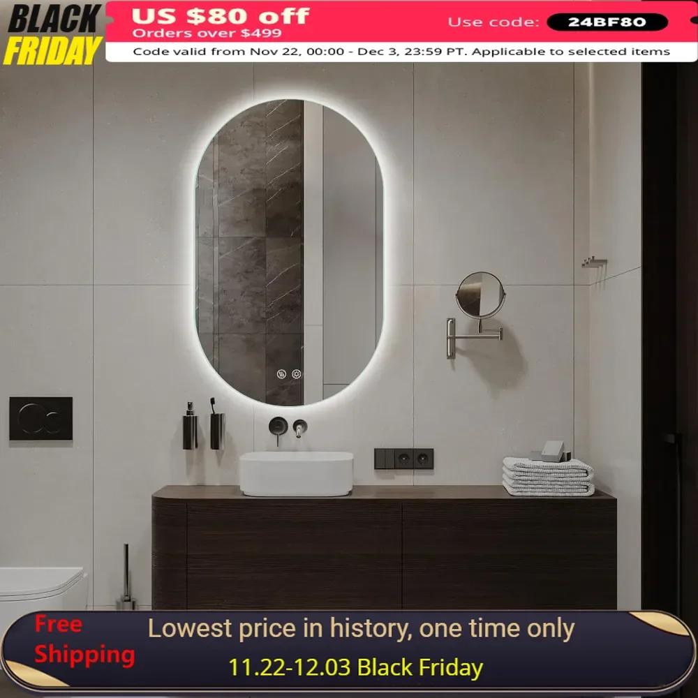 36x24inch Bathroom Mirror with Light, Smart Anti-Fog Waterproof Mirror with Memory, LED Bathroom Vanity Mirror