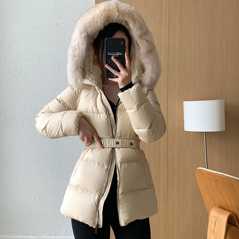 Casaco fino de luxo para mulheres, casaco com capuz quente, glamoroso colarinho de cabelo raposa, leve, alta qualidade, novo, inverno, Y242, 2024