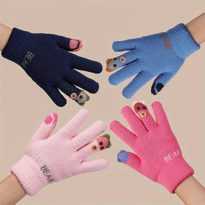 

Winter Gloves Cute Bear Thickened Plush Warm Full Finger Plush Gloves Cartoon Unisex