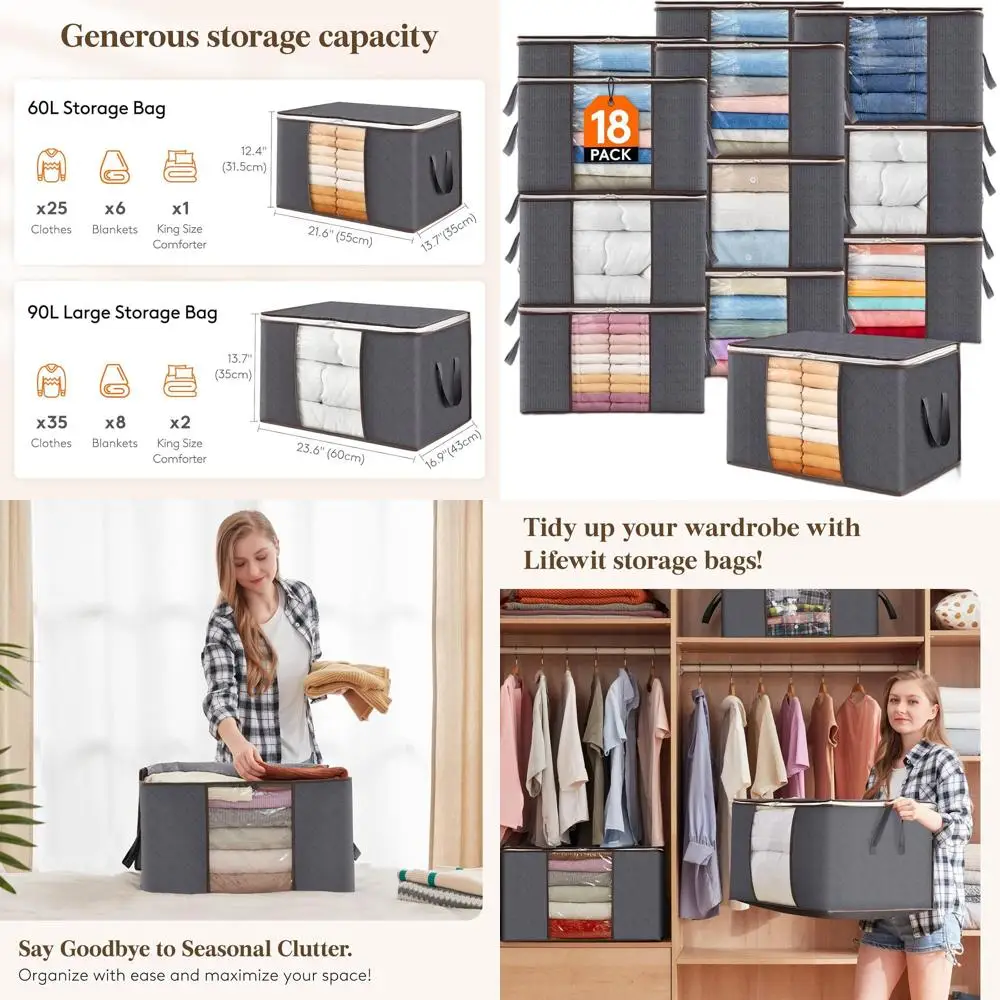 

Складные контейнеры для хранения с крышками, сумки для одеял на молнии, с прозрачным окошком и прочными ручками, идеально подходят для организации хранения вещей в шкафу.