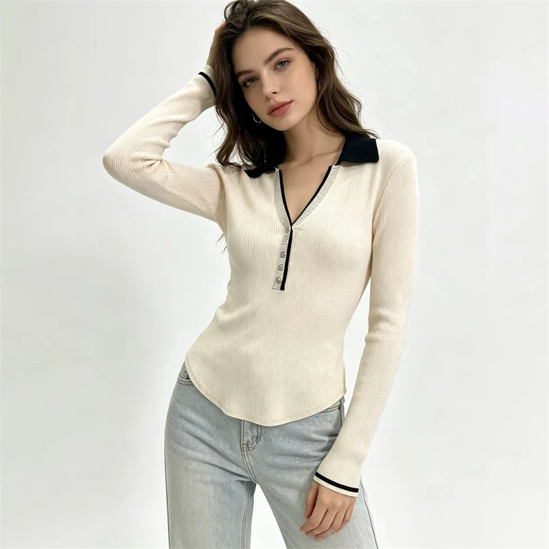 High-QualityFashionableCasual Knitwear Autumn NewStyle Slim Fit Collar Shirt ColorBlock Long SleeveWaist-Cinching Base Layer Top