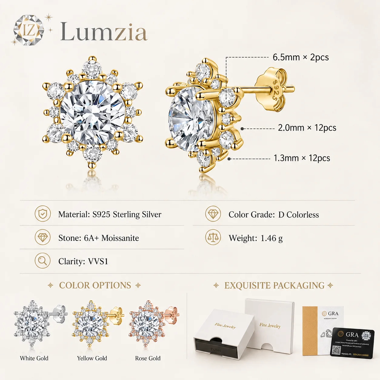 Anting-anting Moissanite Bentu - Moissanite Stud Earrings Round Cut 1Ct ulasan dan harga