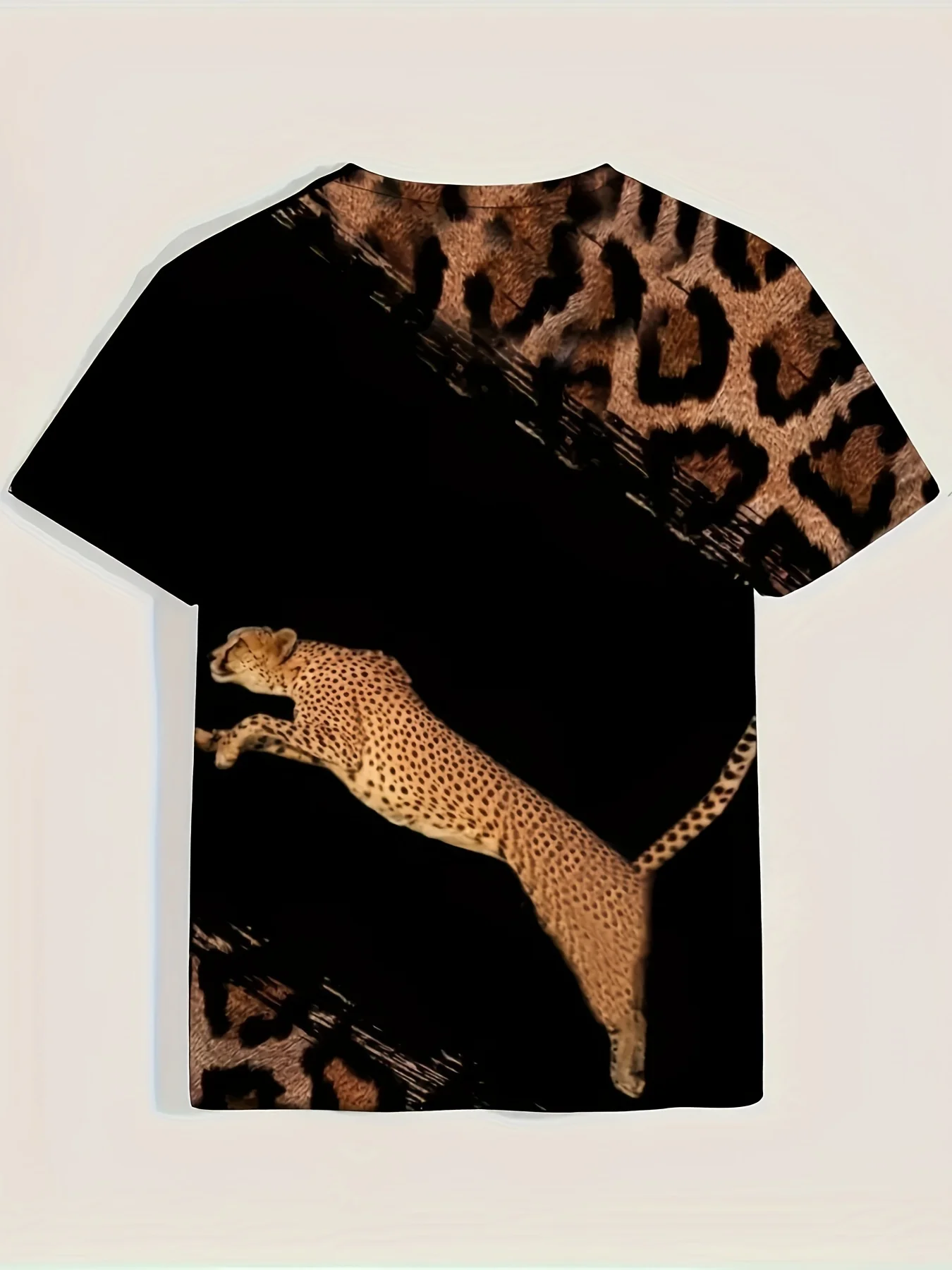 Leopard Print Fashion Color Block Men\'s Short Sleeve Crew Neck T-shirt, Summer Outdoor