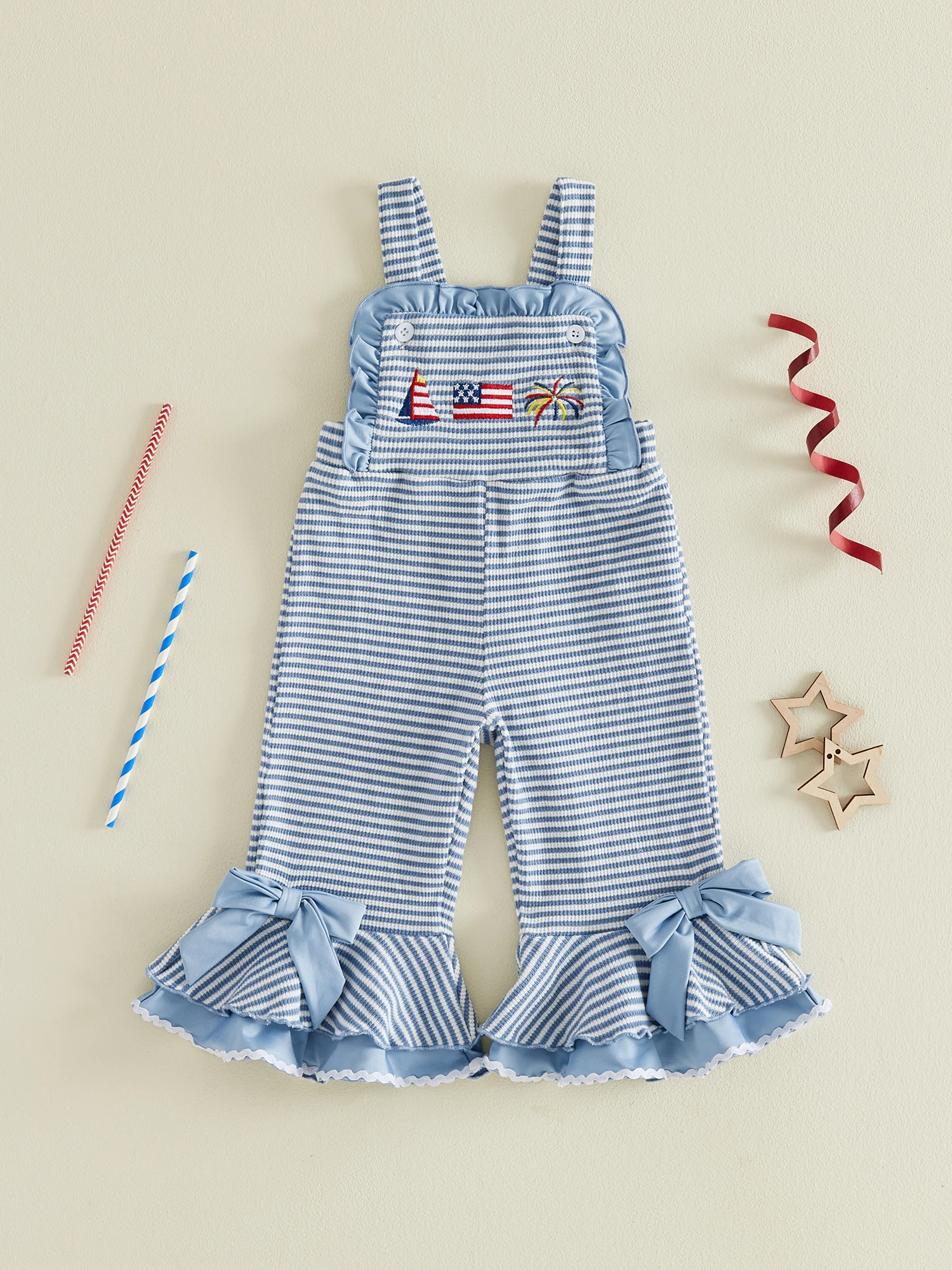 

Independence Day Baby Girl Romper with Embroidered Stars and Stripes Sleeveless Toddler Jumpsuit with Bell Bottoms