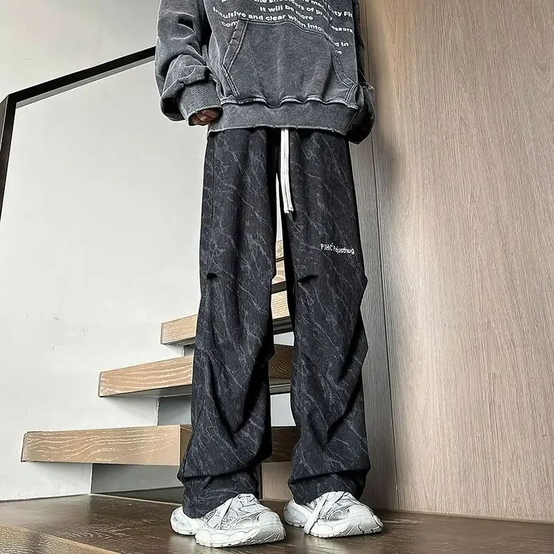 Pleated Corduroy Straight Pants Men Hip Hop Print Streetwear Baggy Wide-legged Pants Vintage Harajuku Y2k Trouser Spring Autumn