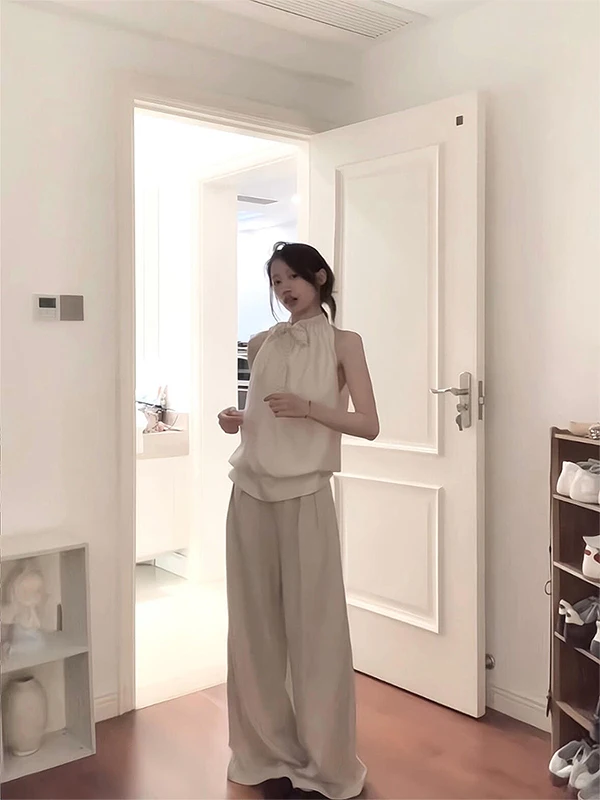

Summer Casual Wide Leg Pants Set Women's Sleeveless Neck Hanging Loose Feeling Top Bottoms Matching Fashion Ensemble