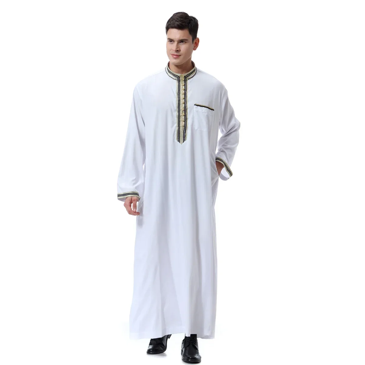 Men Dubai Saudi Arabic Thobe Kaftan Abaya Long Sleeve Robe Thoub Daffah Dishdasha Muslim Dress Eid Jubba Ramadan Islamic Clothes