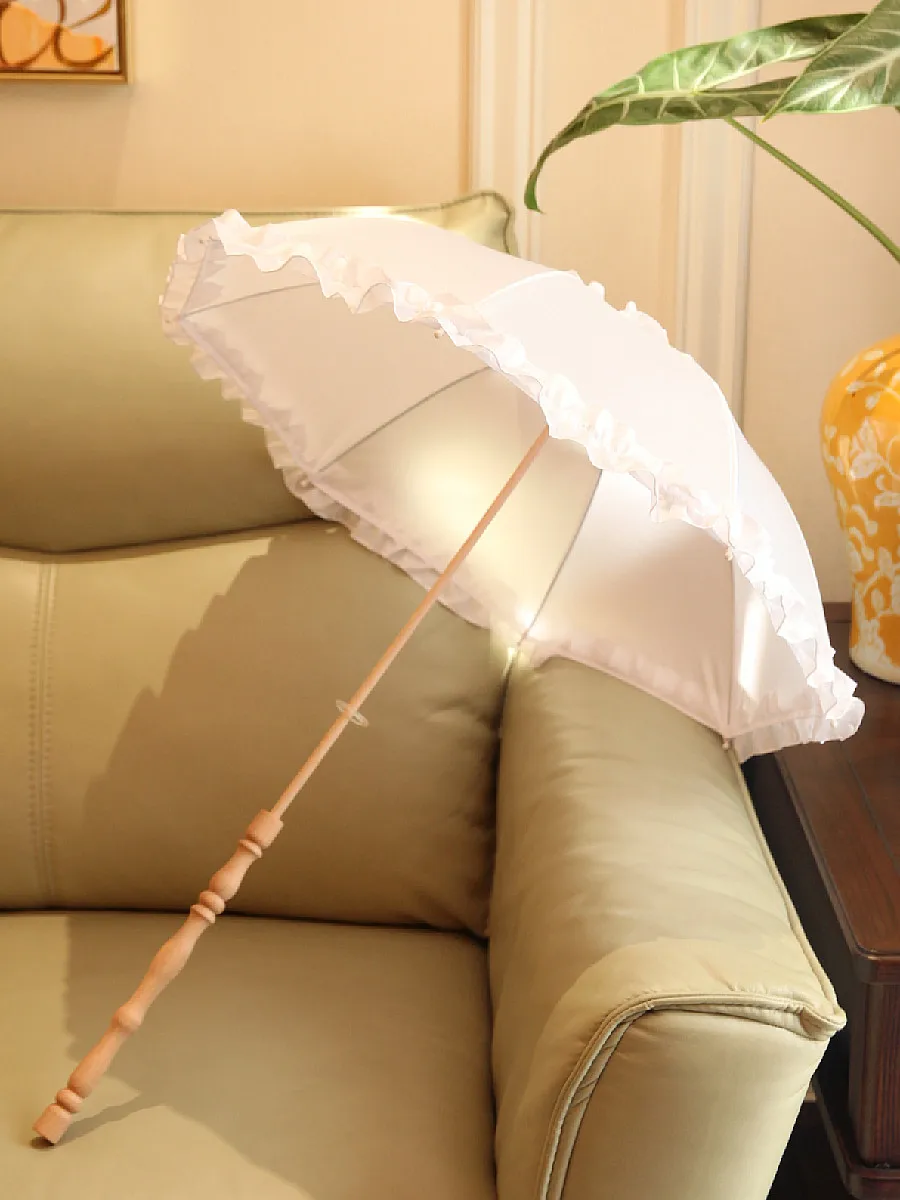 

Long Handle Wooden Sti Umbrella White Princ Cosplay Photoaphy Prop Floating Feather for Women Manual Crt Umbrella