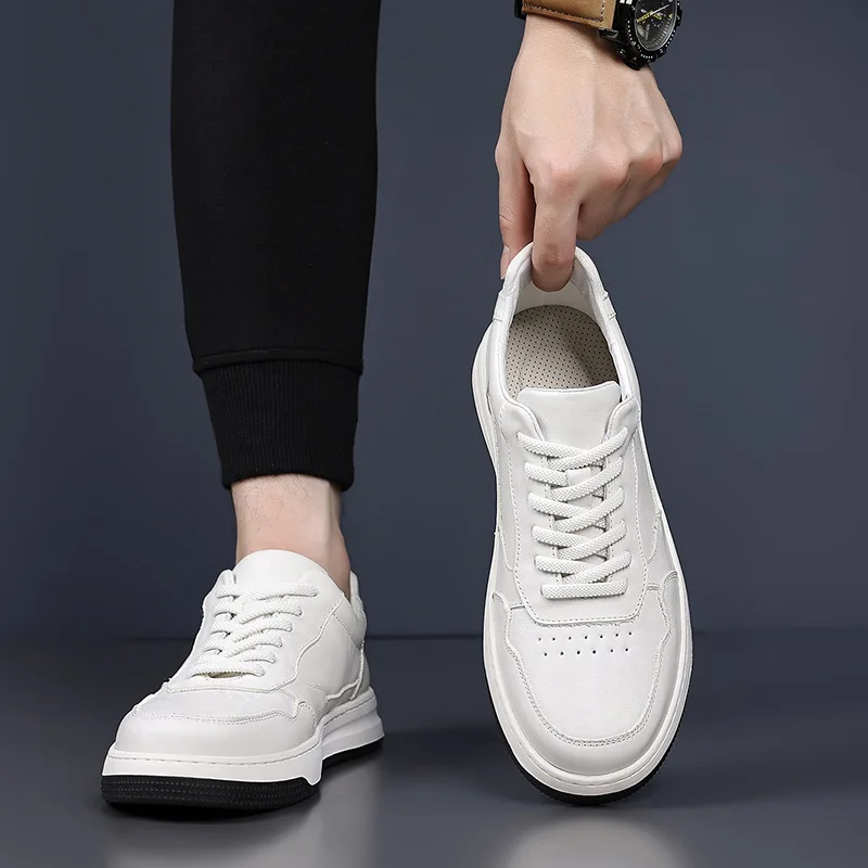 جديد الرجال جلد طبيعي عارضة أحذية بيضاء أحذية تزلج مسطحة الشاب الدانتيل متابعة متعطل #4