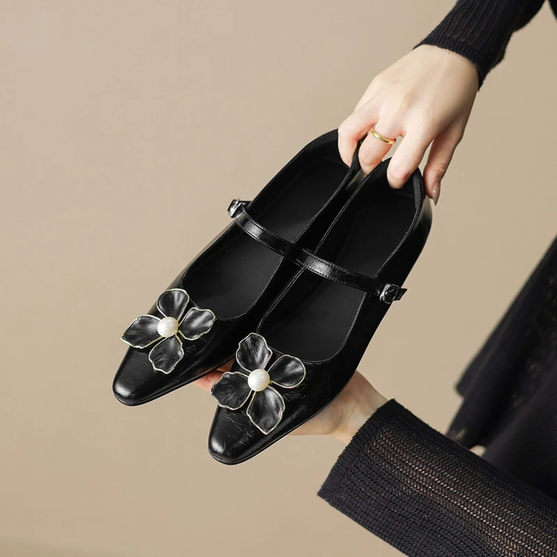 

NEW Spring/Autumn Women Pumps Split Leather Shoes for Women Square Toe Chunky Heel Shoes Shallow Buckle Strap Flower Daily Shoes