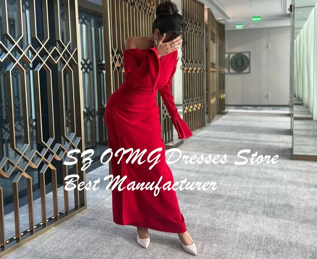 OIMG One Shoulder Red Prom Maxi Dresses Long Sleeves Customized Satin Ruched Sheath Elegant Evening Gowns Formal Party Dress