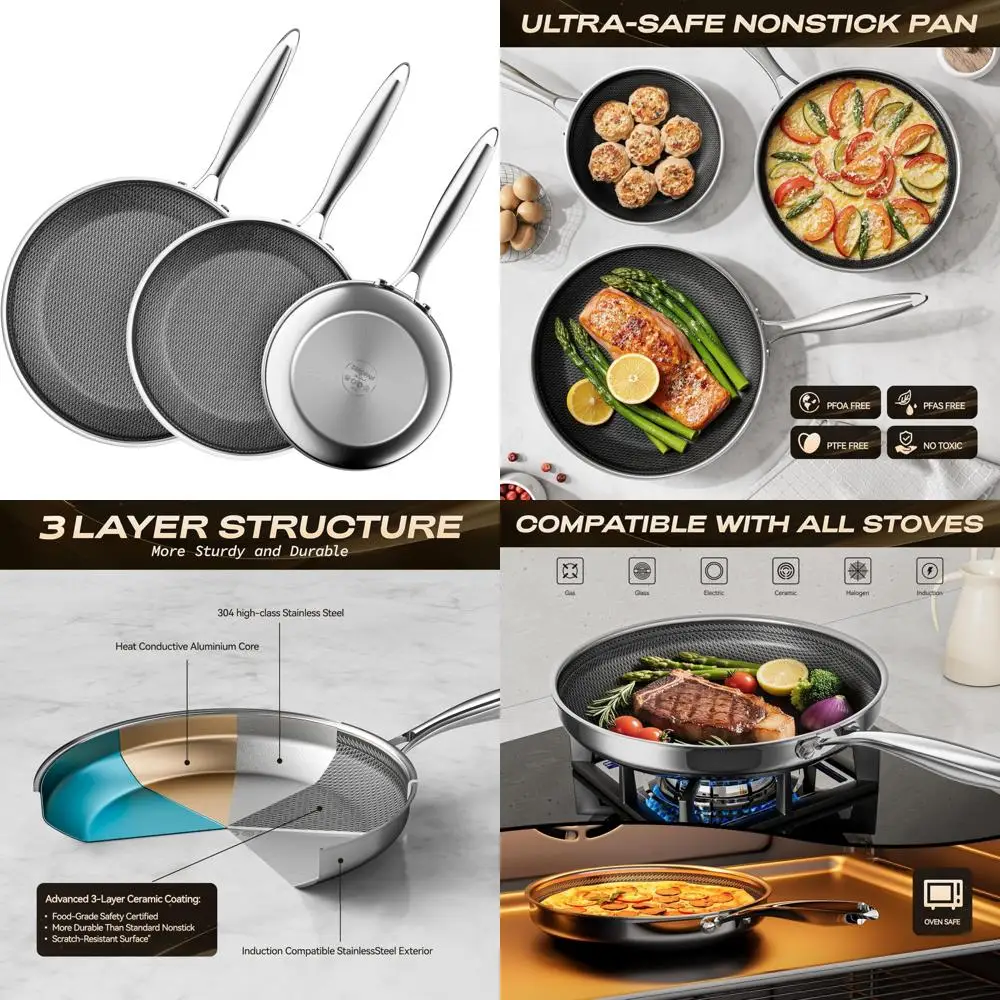 

Hybrid Nonstick Frying Pan Set, 3-Piece Stainless Steel Cookware with 8, 10, and 12 Inch Pans, Cool Handle, Dishwasher Safe