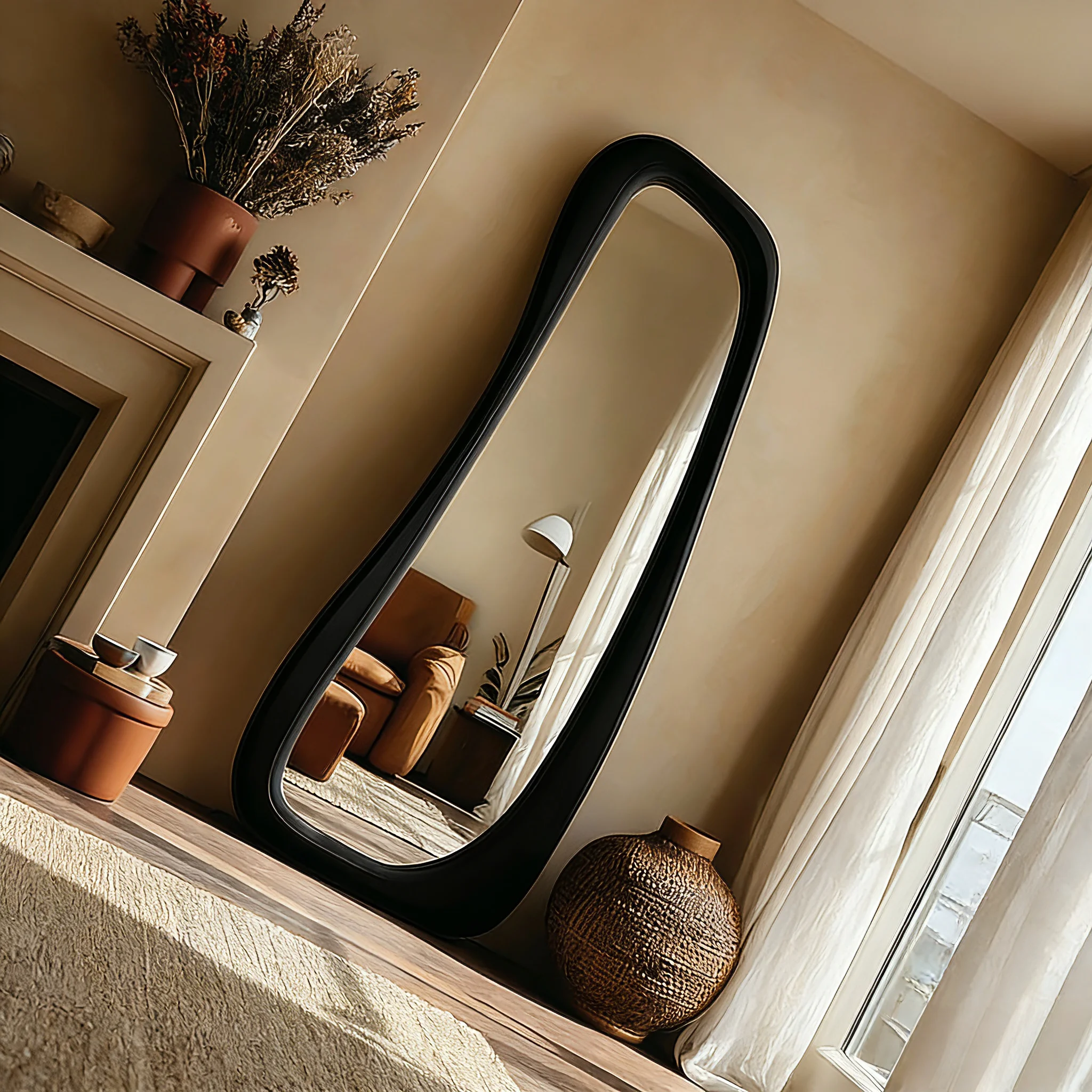 Silent wind special-shaped full-body mirror irregular wave floor mirror advanced sense Internet celebrity black frame full-lengt