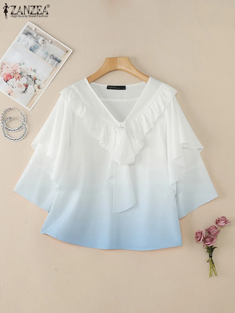 ZANZEA Bowknot Sfumatura di Colore Blusas Mujer Donna 2025 Primavera Elegante Scollo a V Top Allentato Casual Ruffles Manica 3/4 Camicette alla moda