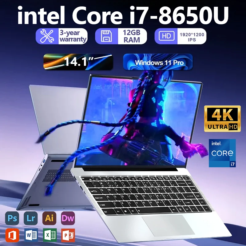 

14,1-дюймовый портативный ноутбук Intel i7 8650U, Windows 11, игровой компьютер, 12 ГБ ОЗУ, 2 ТБ, ПК для геймеров, офисный ноутбук, 4K HD, ультратонкий ноутбук