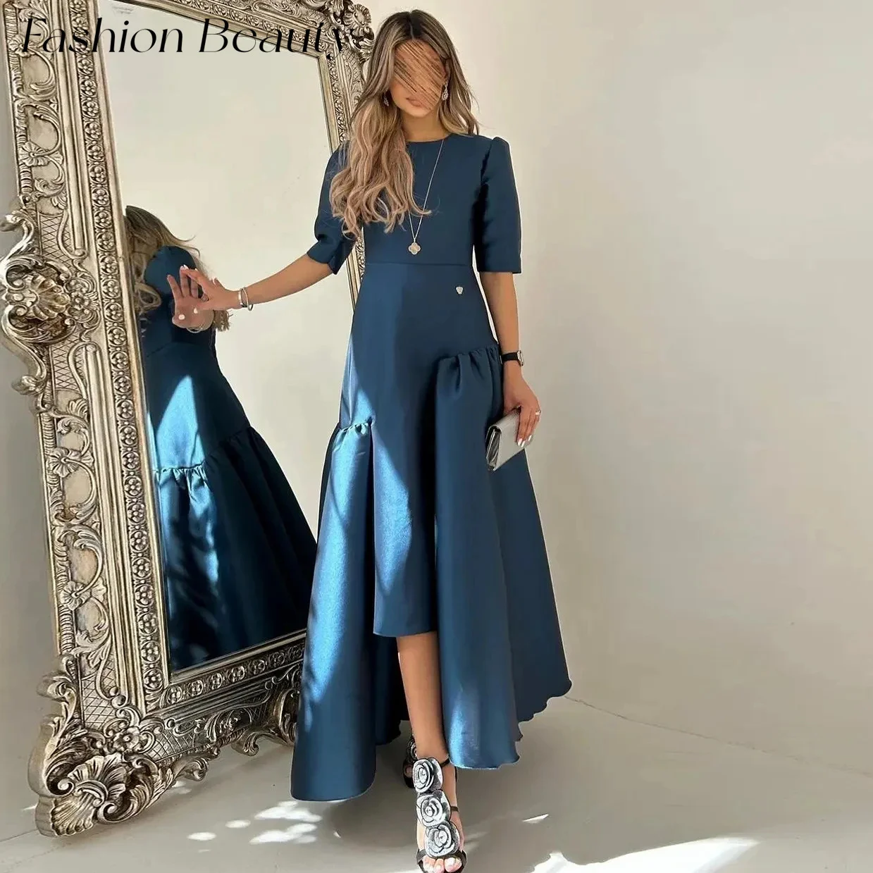 

Fashion Beauty Navy Blue Satin Evening Dresses Asymmetrical Short Sleeve Formal Gowns For Women 2024 Vestidos De Graduation