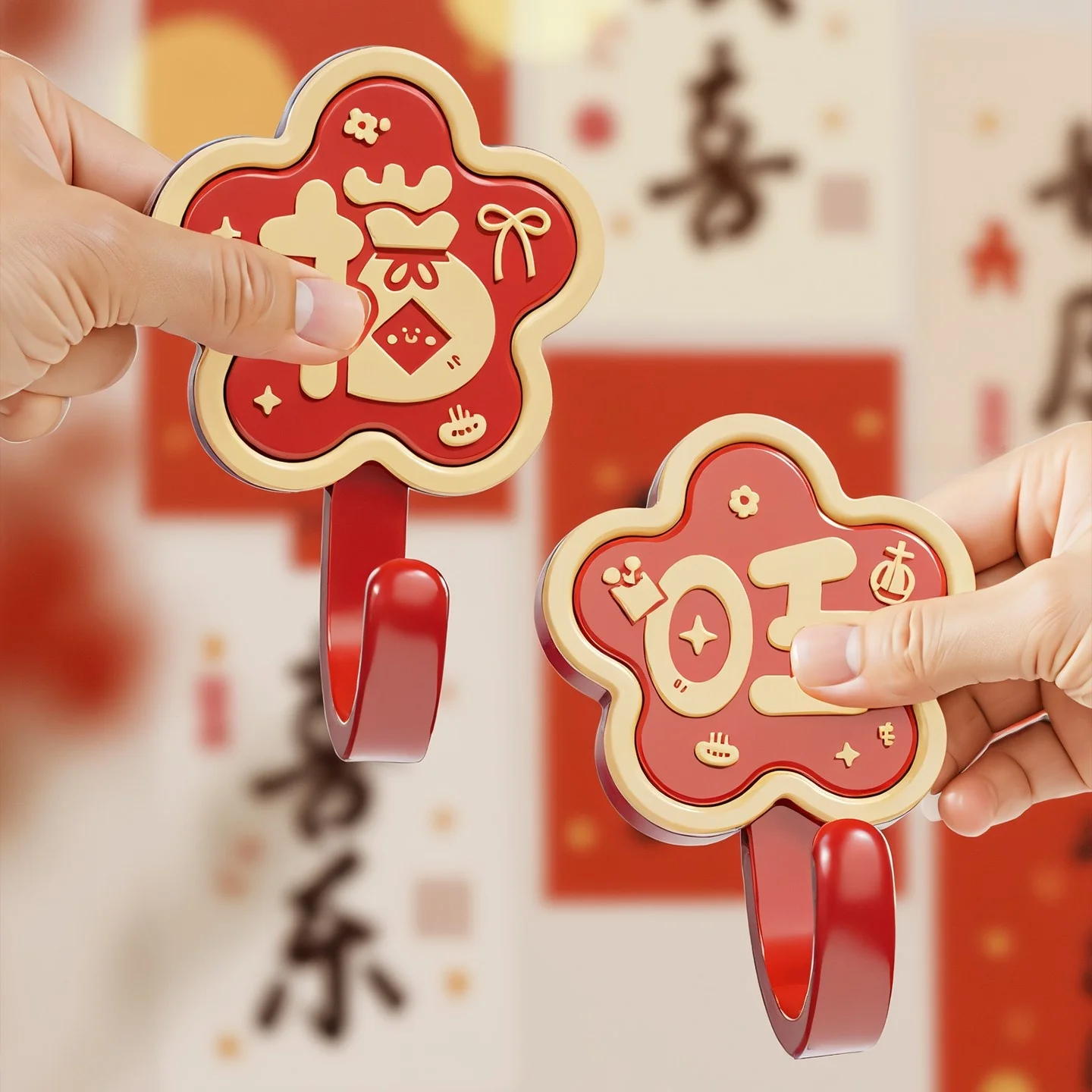 強力な耐荷重性-ルイキャラクターフック-穴あけ不要-新年祝い-赤色粘着フック-玄関壁用トラセル接着剤